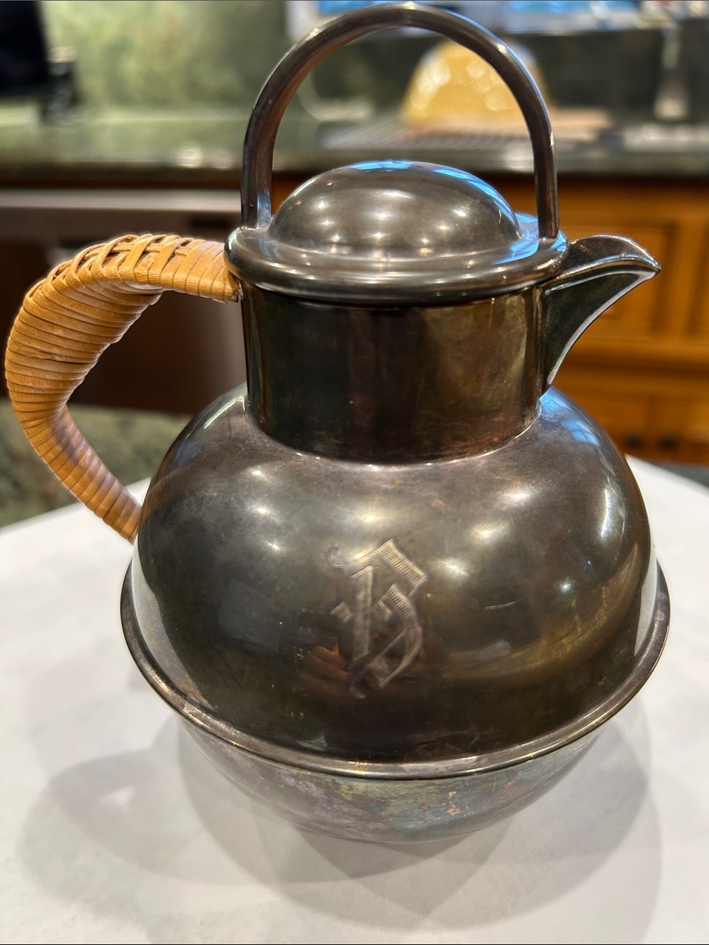 Antique E.G. Webster Silver Plate Personal Teapot Wicker Rattan Handle Monogram